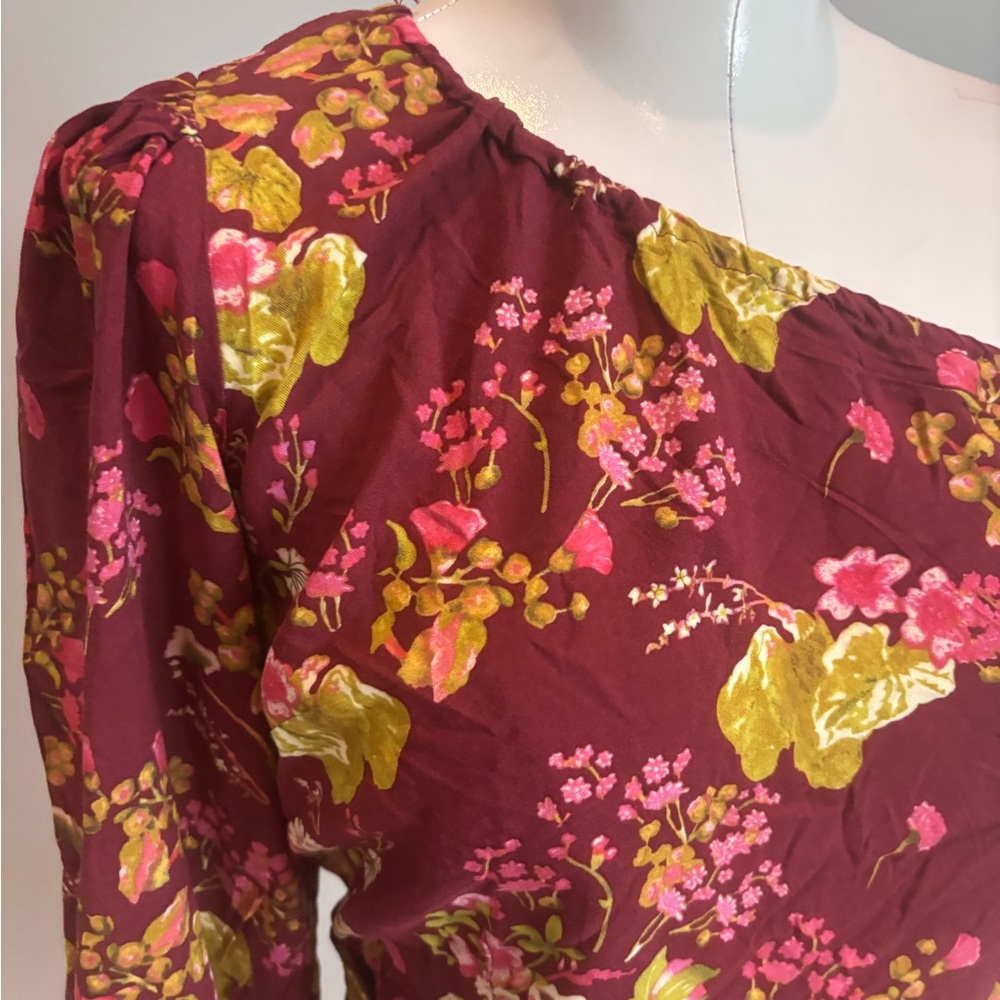 RACHEL Rachel Roy Burgundy Floral One-Shoulder Blouse - Picture 2 of 6